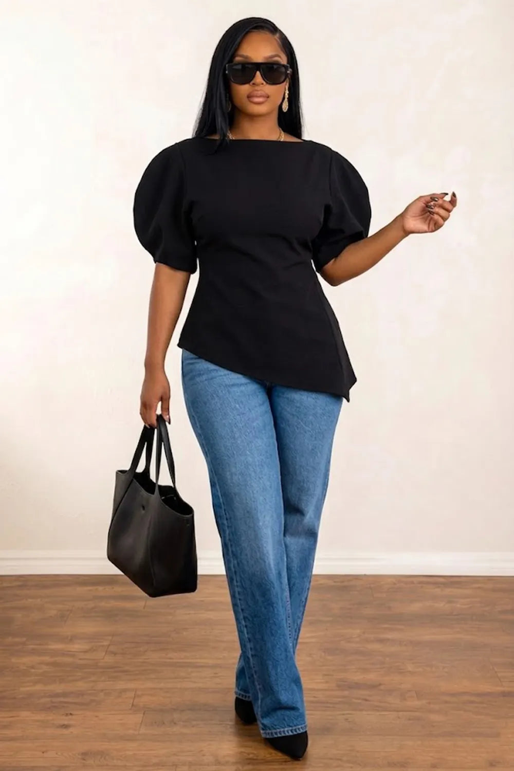 Solid Color Round Neck Bubble Sleeve Cinch Waist Irregular Hem Top-Black