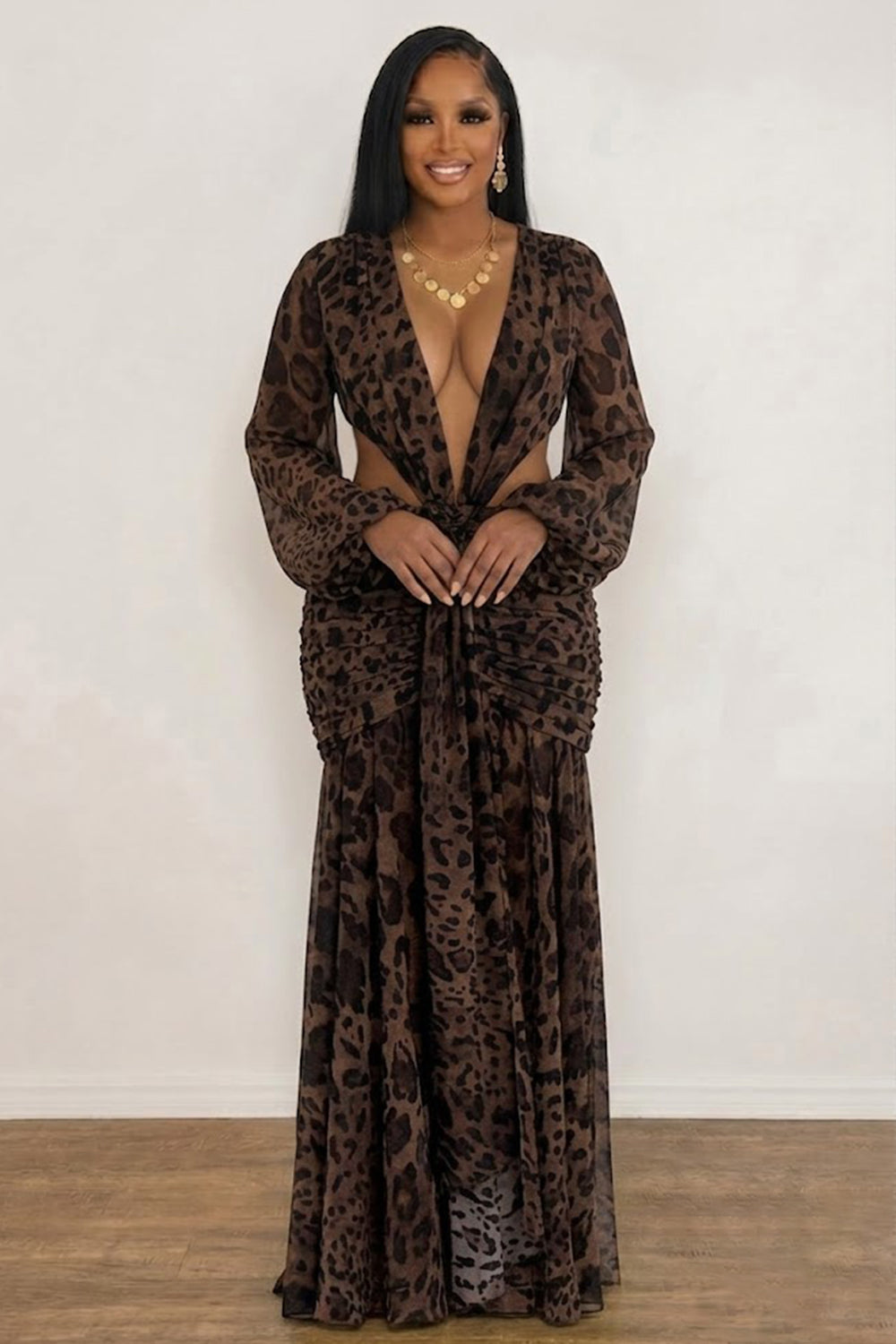 Plunge Neck Lantern Sleeve Cut Out Ruched Backless Maxi Dresses-Yellow