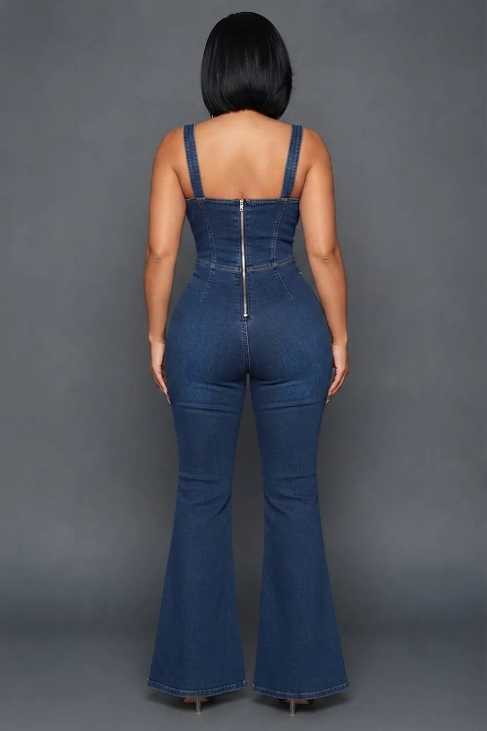 Wide Straps Sweetheart Neck Zipper Denim Flare Leg Jumpsuit-Blue