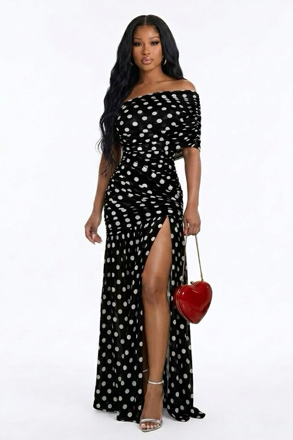 Polka Dot Print Off Shoulder High Slit Evening Gowns Maxi Dresses-Black