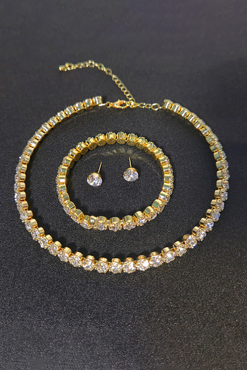 Shinning Rhinestone Necklace Bracelet Stud Earrings Three-Piece Set-Silver