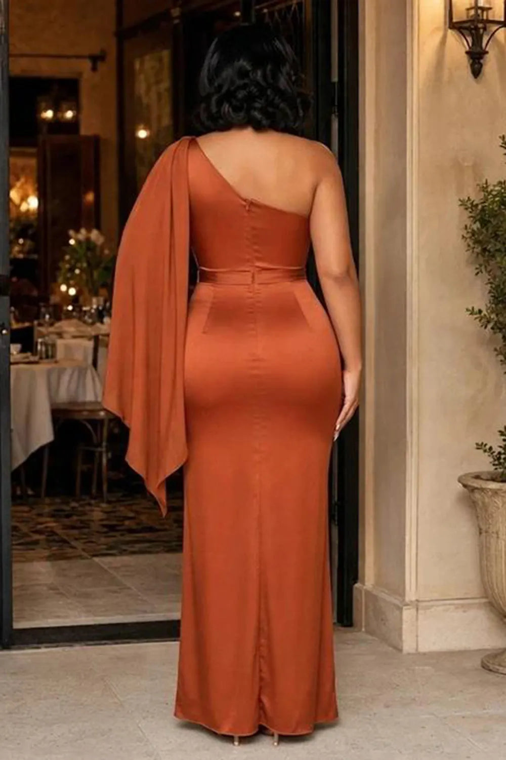 Oblique Collar Streamer Metal Buckle Decor Maxi Dresses-Orange