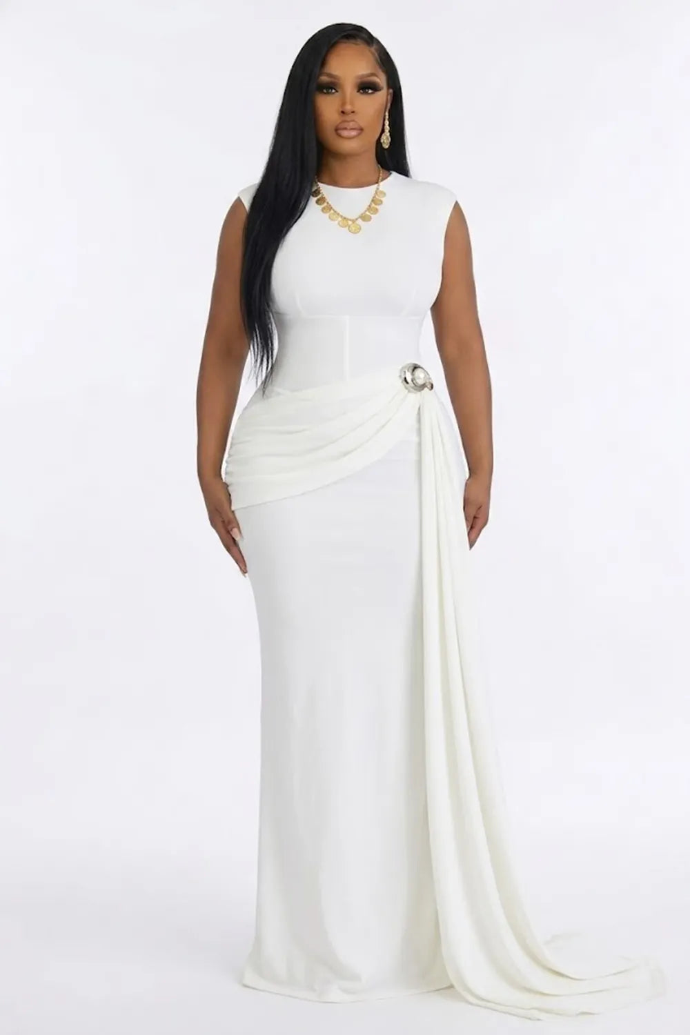 Round Neck Sleeveless Cinch Waist Side Metal Buckle Sash Maxi Dresses-Black
