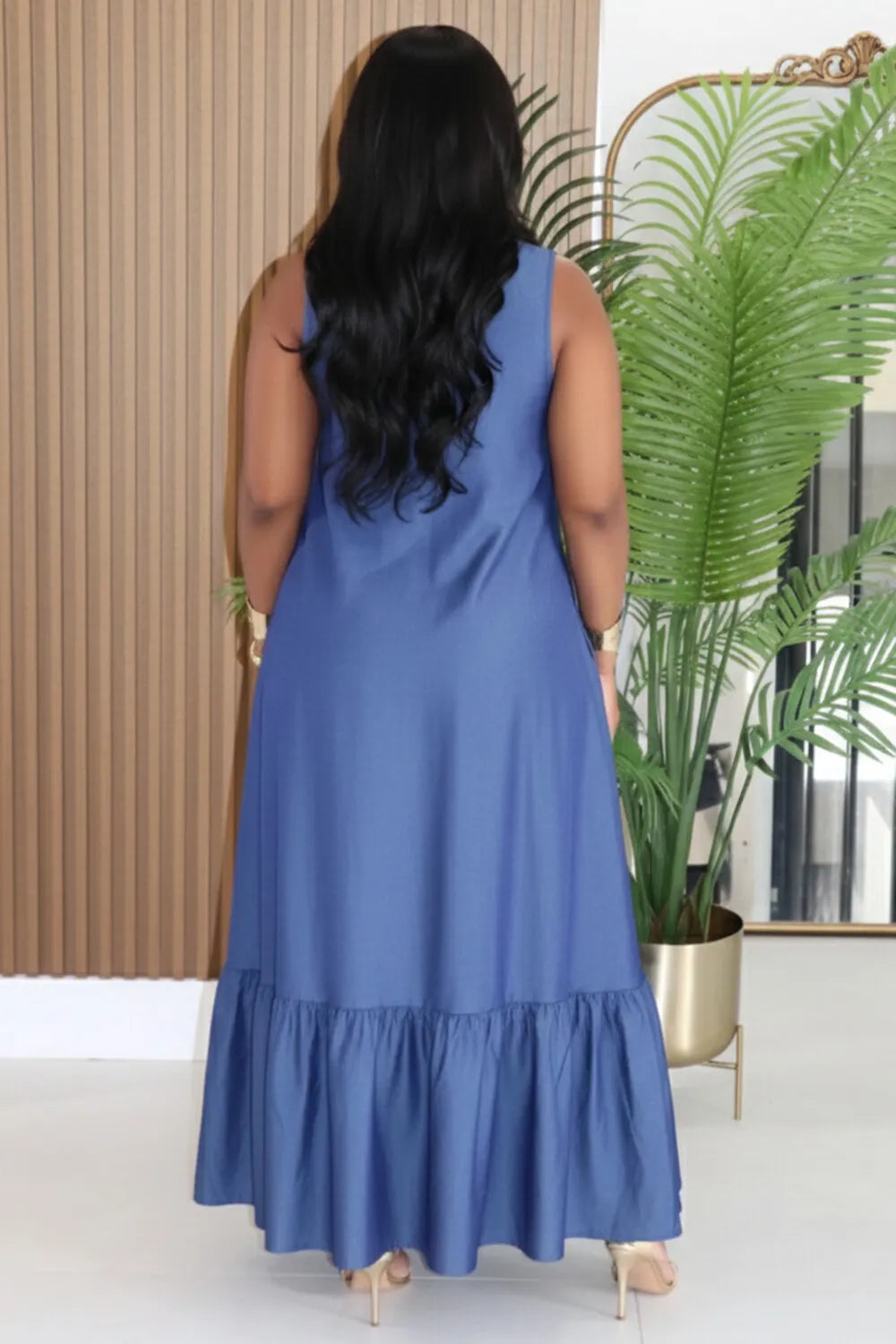 Collar Ruffle Loose Fit Casual Maxi Dresses-Blue