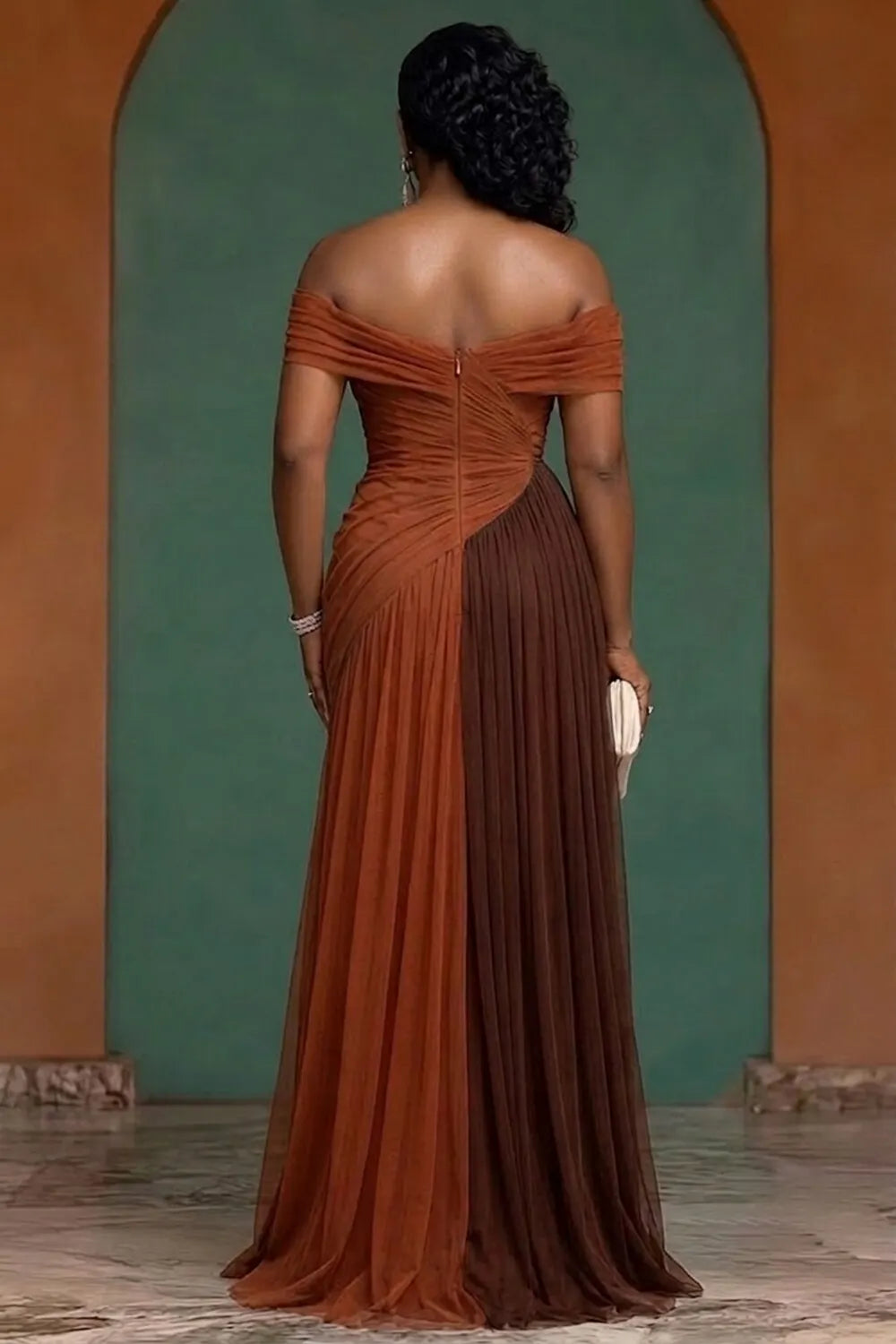 Off Shoulder Glitter Colorblock Evening Gowns Maxi Dresses-Brown