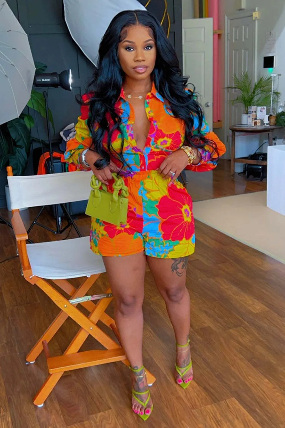 Floral Print Long Sleeve Shirt Elastic Waist Shorts Matching Set-Orange