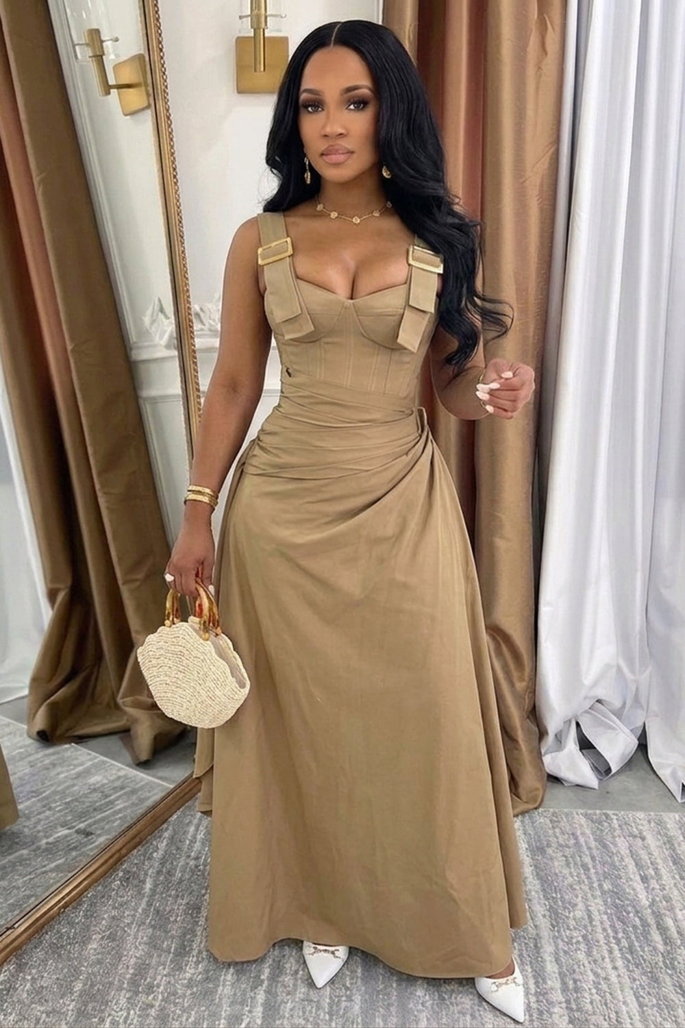 Wide Straps Sleeveless Cinch Waist Casual Maxi Dresses-Khaki