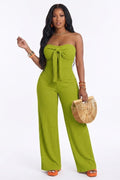 Strapless Bowknot Wrinkle Texture High Waist Wide Leg Vacation Jumpsuit-Green