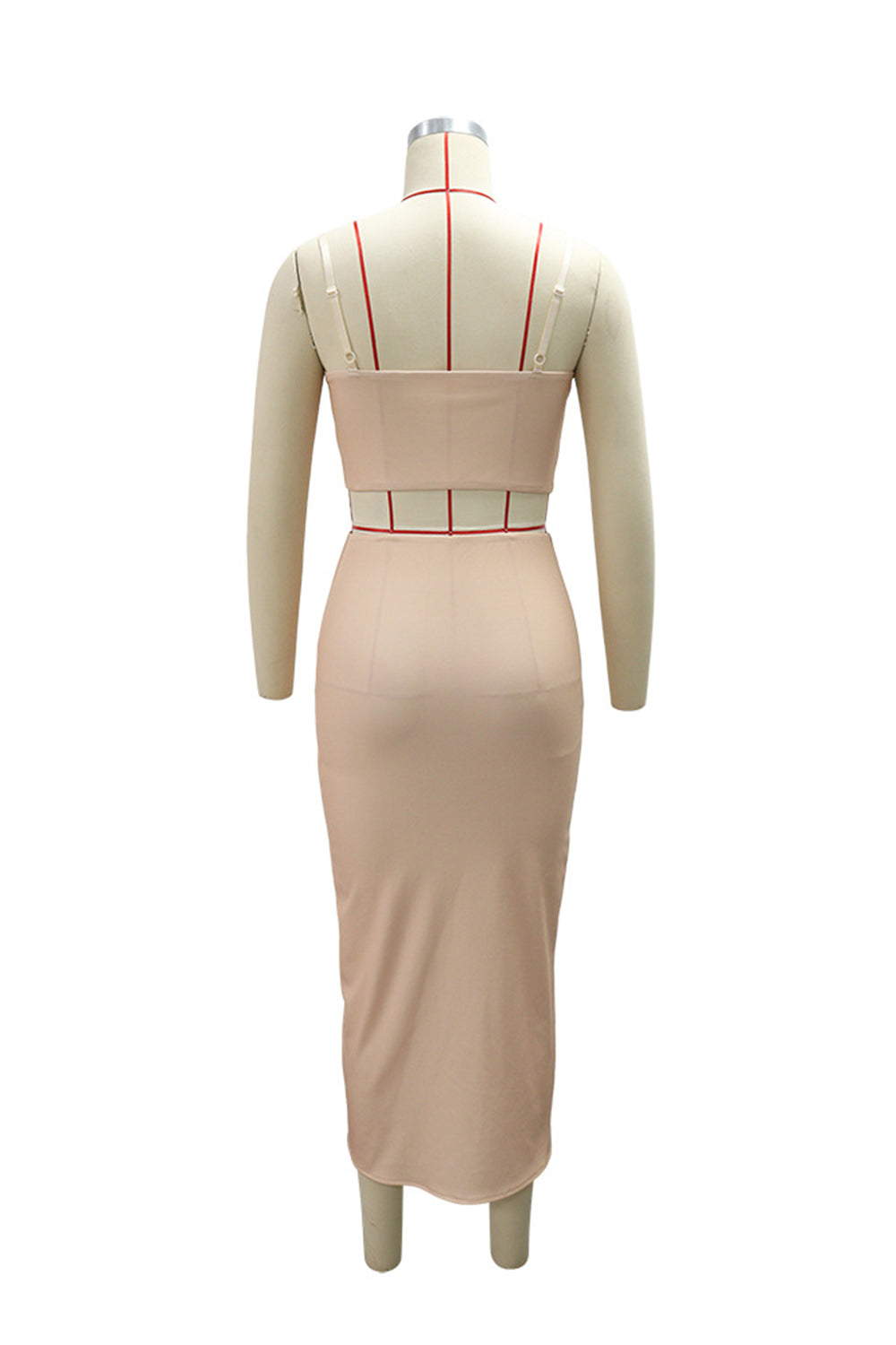 Contrast Piping Scallop Trim Cami Neck Top Midi Skirt Gowns 2pcs Set-Brown
