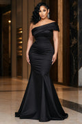 Oblique Collar Ruched Cinch Waist Mermaid Maxi Dresses-Black