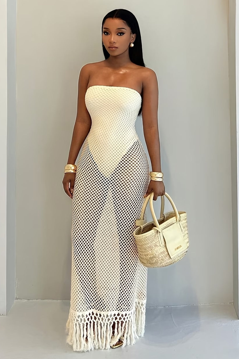 Strapless Bodysuit Slim Fringe Crochet Maxi Skirt Vacation 2pcs Set-Apricot