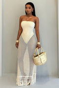 Strapless Bodysuit Slim Fringe Crochet Maxi Skirt Vacation 2pcs Set-Apricot