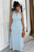 Halter Backless Button Striped Loose Fit Casual Maxi Dresses-Blue
