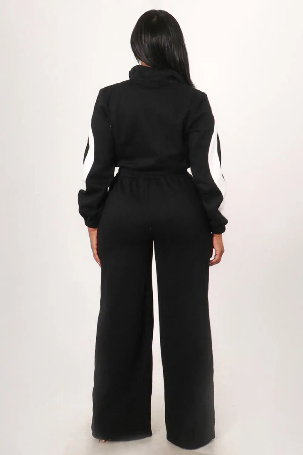 Stand-Up Collar Zip Up Long Sleeve Colorblock Wide Leg Casual Jumpsuit-Red