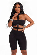 Halter Neck Pearl Decor Sleeveless Solid Color Cut Out Capris Jumpsuit-Black