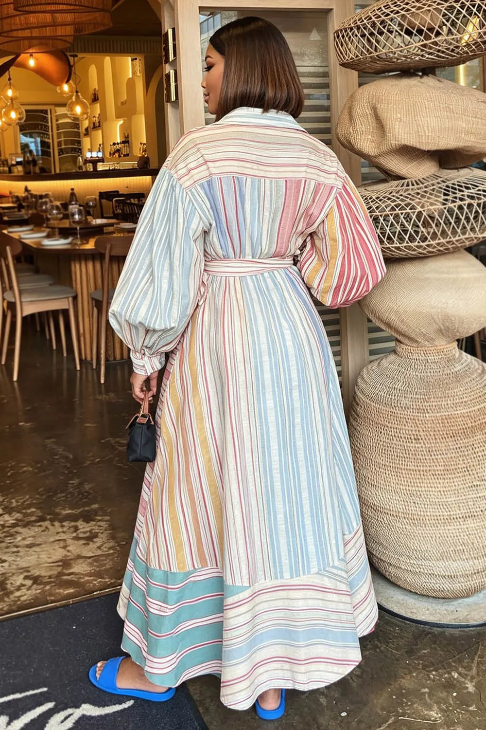 Colorblock Striped Turndown Collar Casual Maxi Dresses-Multicolor