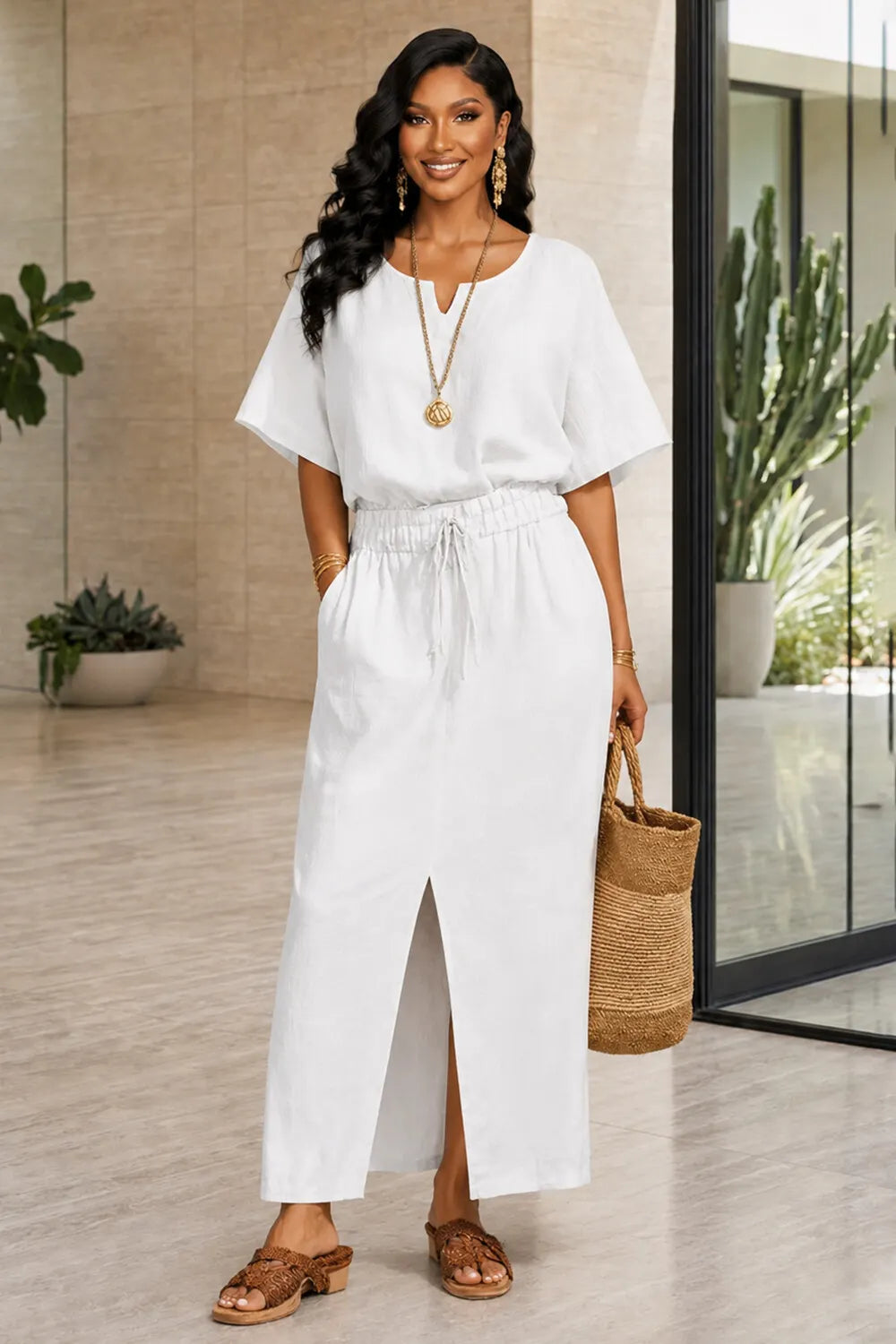 Round Neck Batwing Sleeve Top Drawstring Slit Maxi Skirt 2pcs Set-White