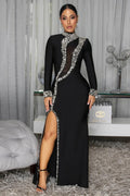 Mock Neck Long Sleeve Crystal Mesh Patchwork Slit Gowns Maxi Dresses-Black