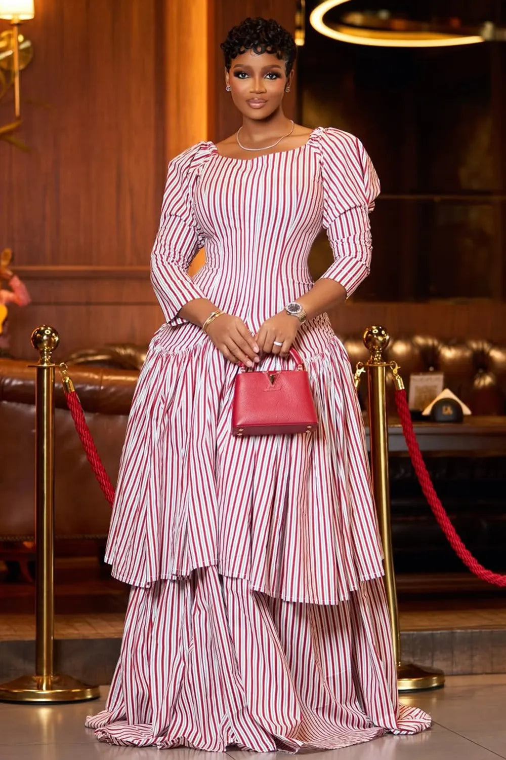 Square Neck Puff Sleeve Layered Ruffles Striped Maxi Dresses-Red