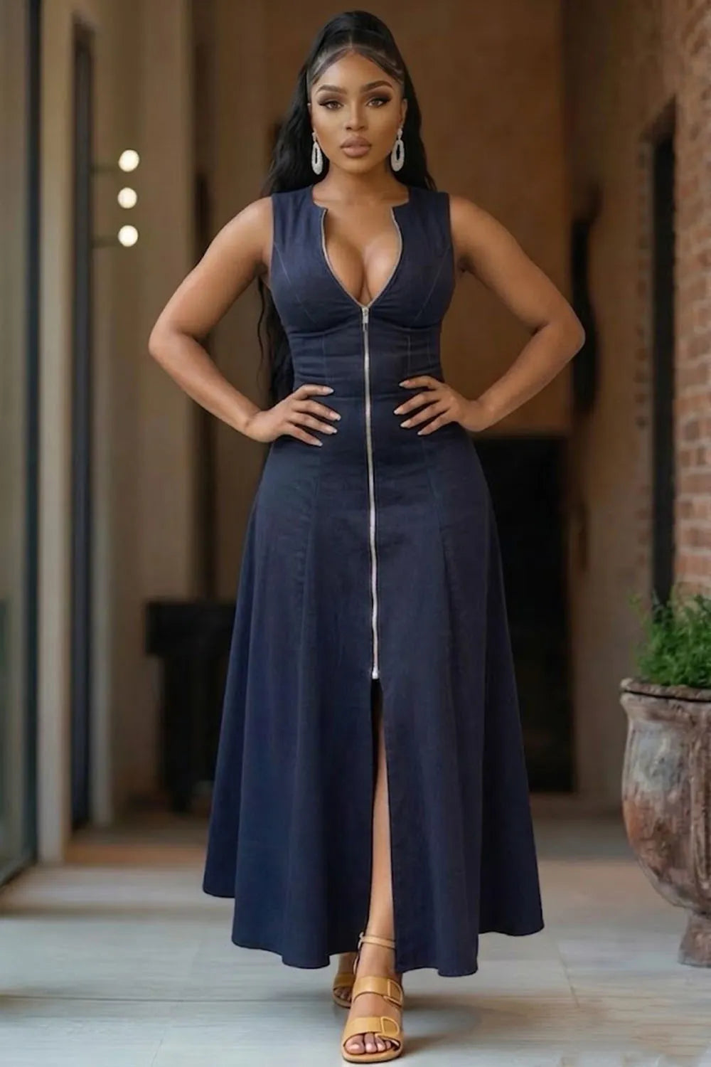 Round Neck Sleeveless Zipper Solid Color A-Line Casual Maxi Dresses-Navy