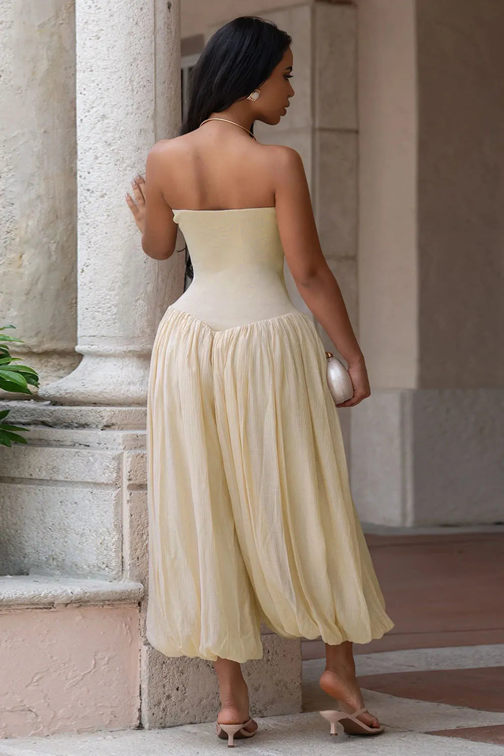 Strapless Bubble Hem Cinch Waist Solid Color Casual Cropped Jumpsuit-Pink