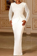 Round Neck Long Sleeve Lace Tassel Bodycon Evening Gowns Maxi Dresses-White