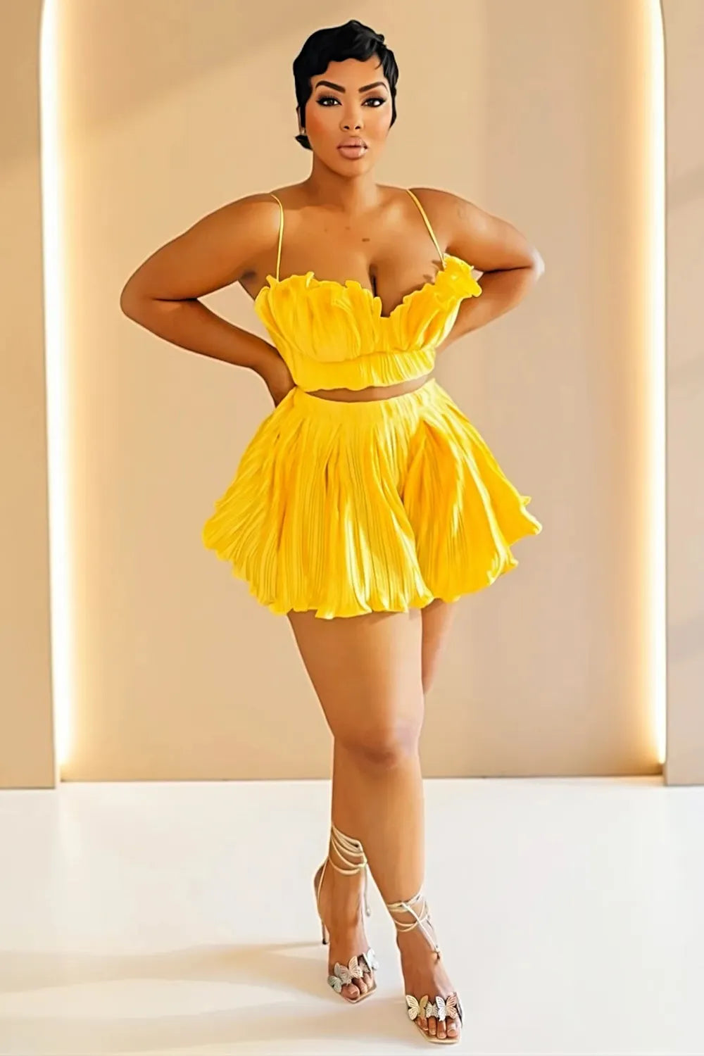 Ruched Cami Neck Crop Top High Waist Skort Vacation 2pcs Set-Yellow