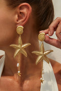 Vacation Boho Style Shell Tassel Metallic Starfish Shaped Dangle Earrings