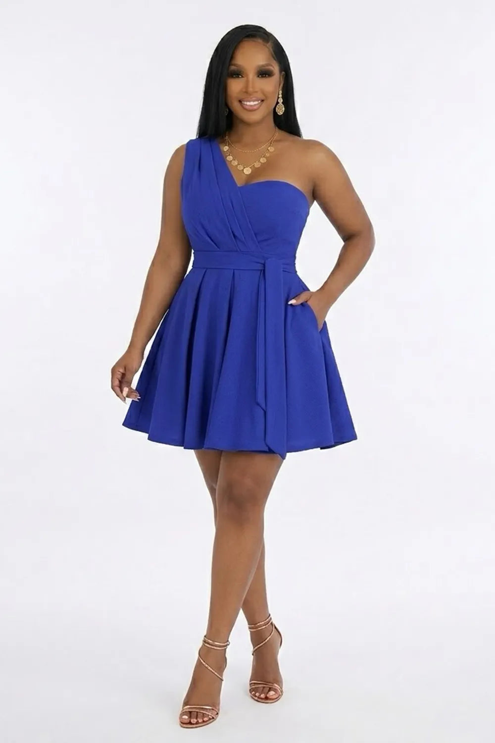 One Shoulder Skew Neck Slant Pocket Cinch Waist Ruched Mini Dresses-Black