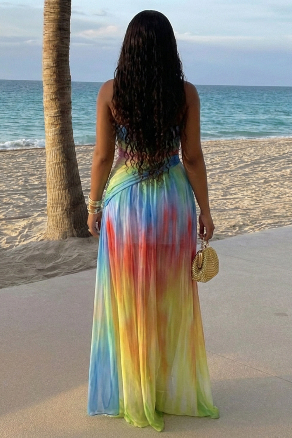 Strapless Ruched Slim Fit Mesh Vacation Maxi Dresses