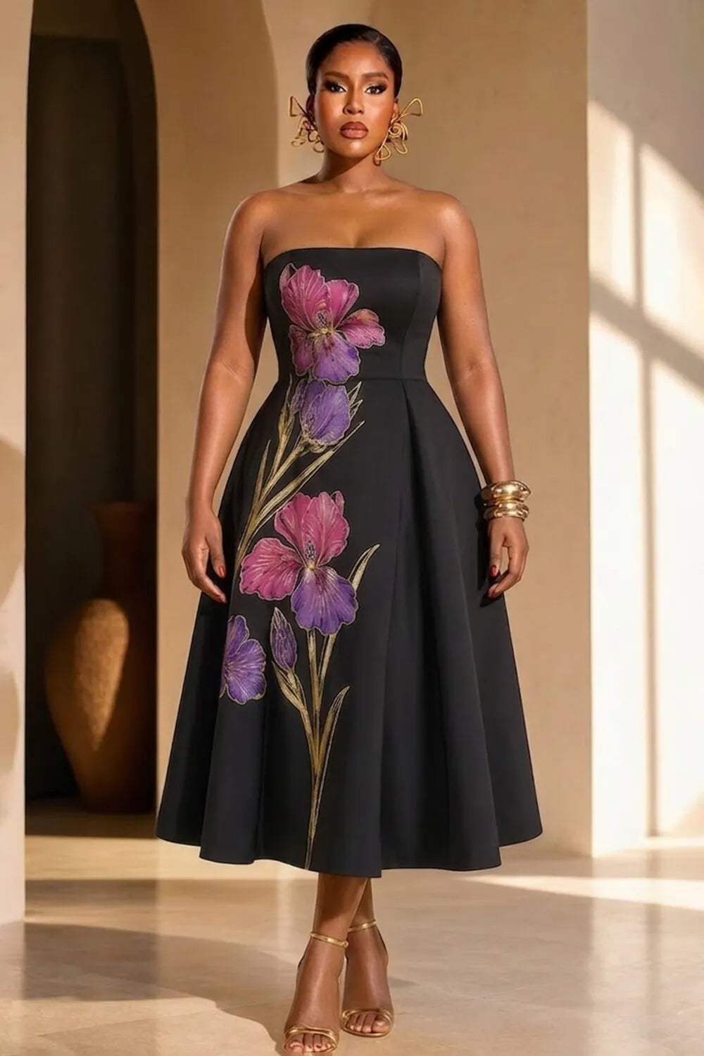 Strapless Large Floral Print Back Lace-Up Midi Dresses-Black