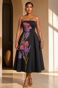 Strapless Large Floral Print Back Lace-Up Midi Dresses-Black
