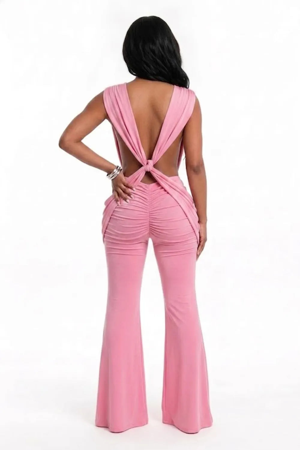 Cross Strap Backless Solid Color Sleeveless Ruched Slim Fit Jumpsuit-Yellow
