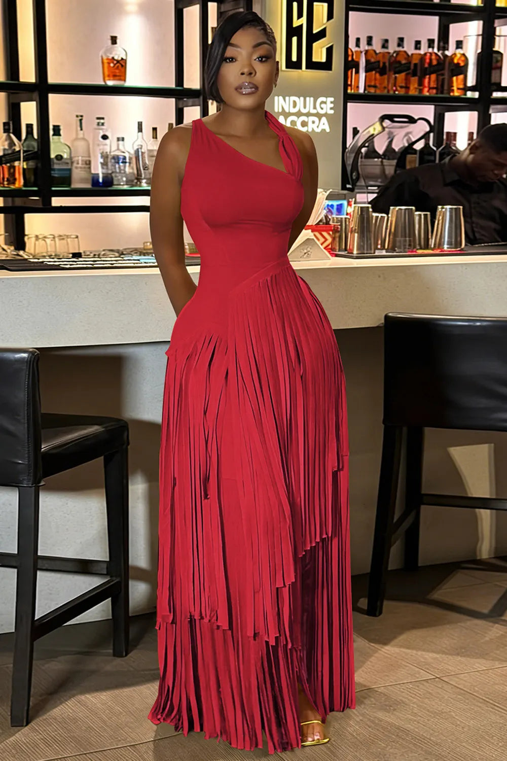 Wide Straps Cinch Waist Fringe Solid Color Maxi Dresses-Yellow