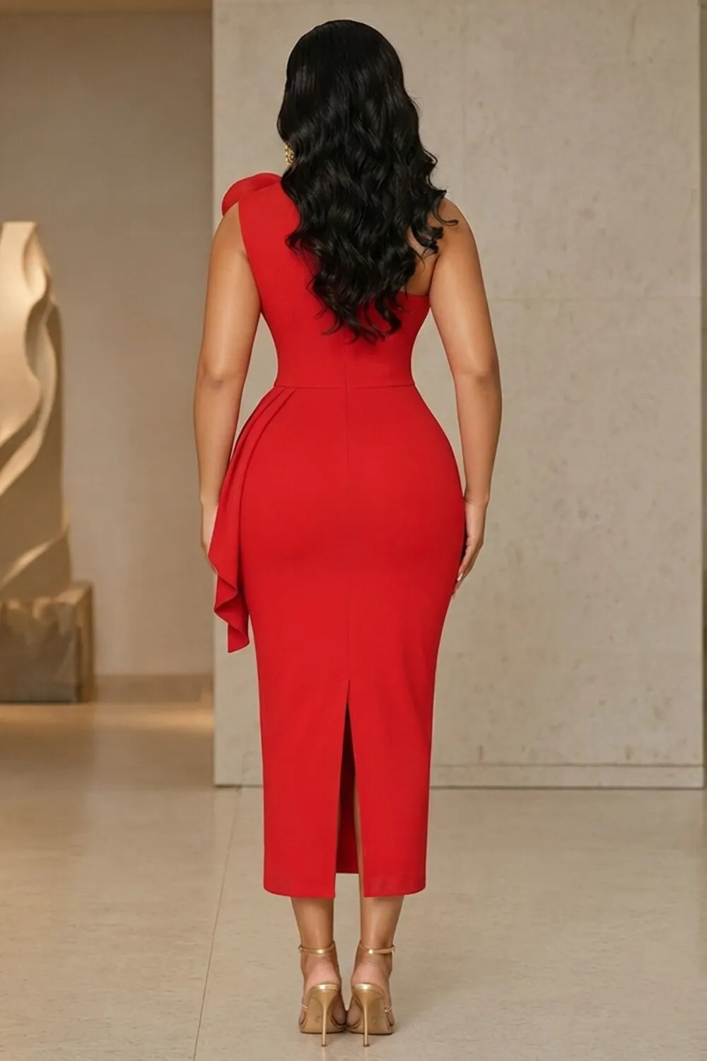 Oblique Collar 3D Floral Sash Bodycon Back Slit Midi Dresses-Red
