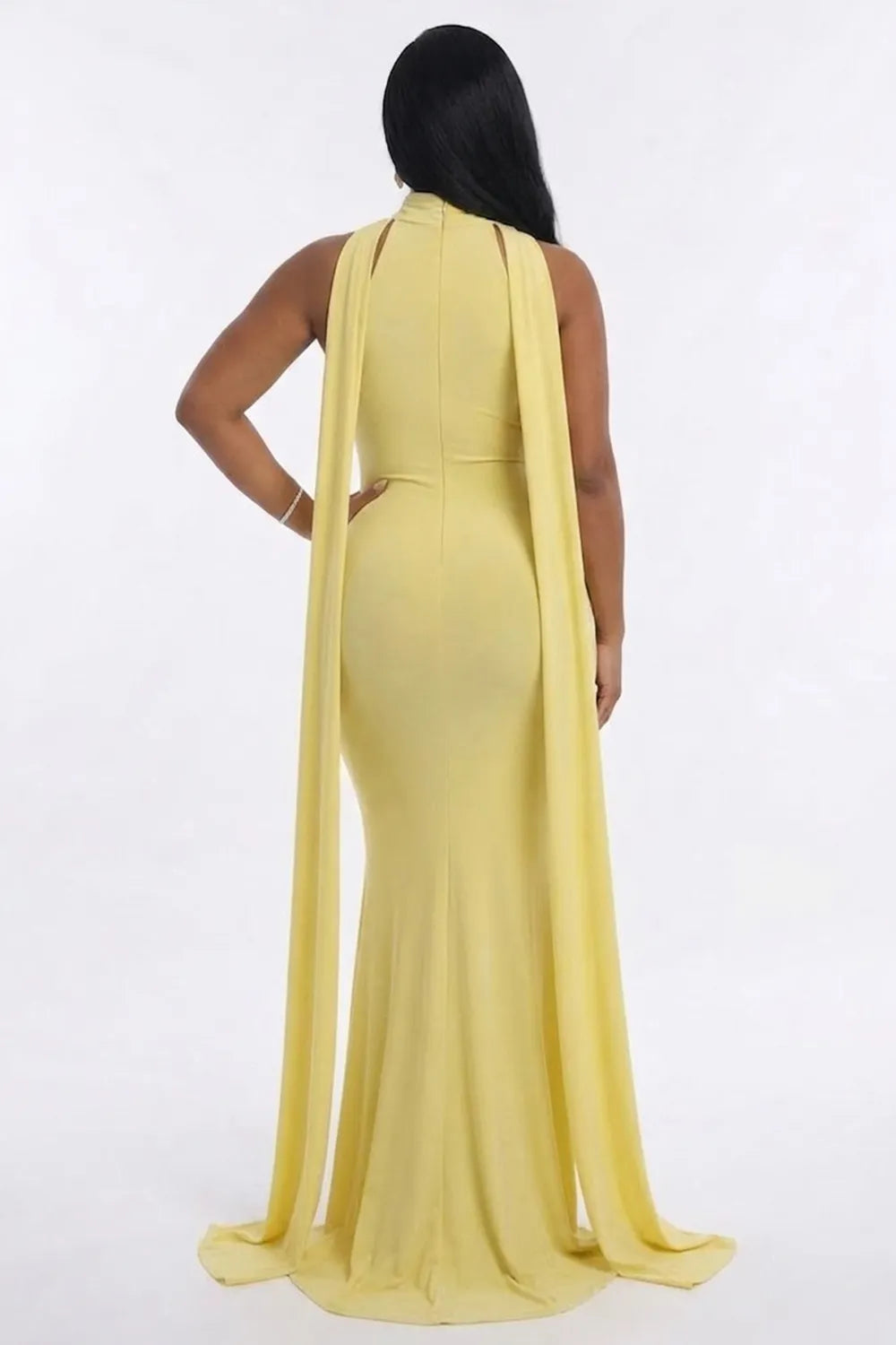 Mock Neck Long Streamer Slim Fit Mermaid Evening Gowns Maxi Dresses-Yellow