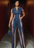 Stripe Print Zipper Top Cargo Pants Denim 2pcs Set
