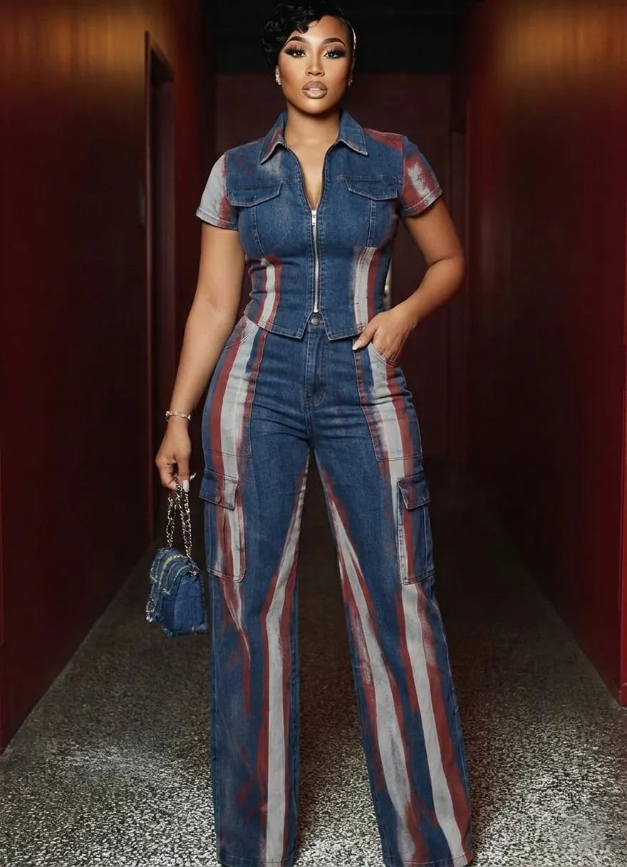 Stripe Print Zipper Top Cargo Pants Denim 2pcs Set