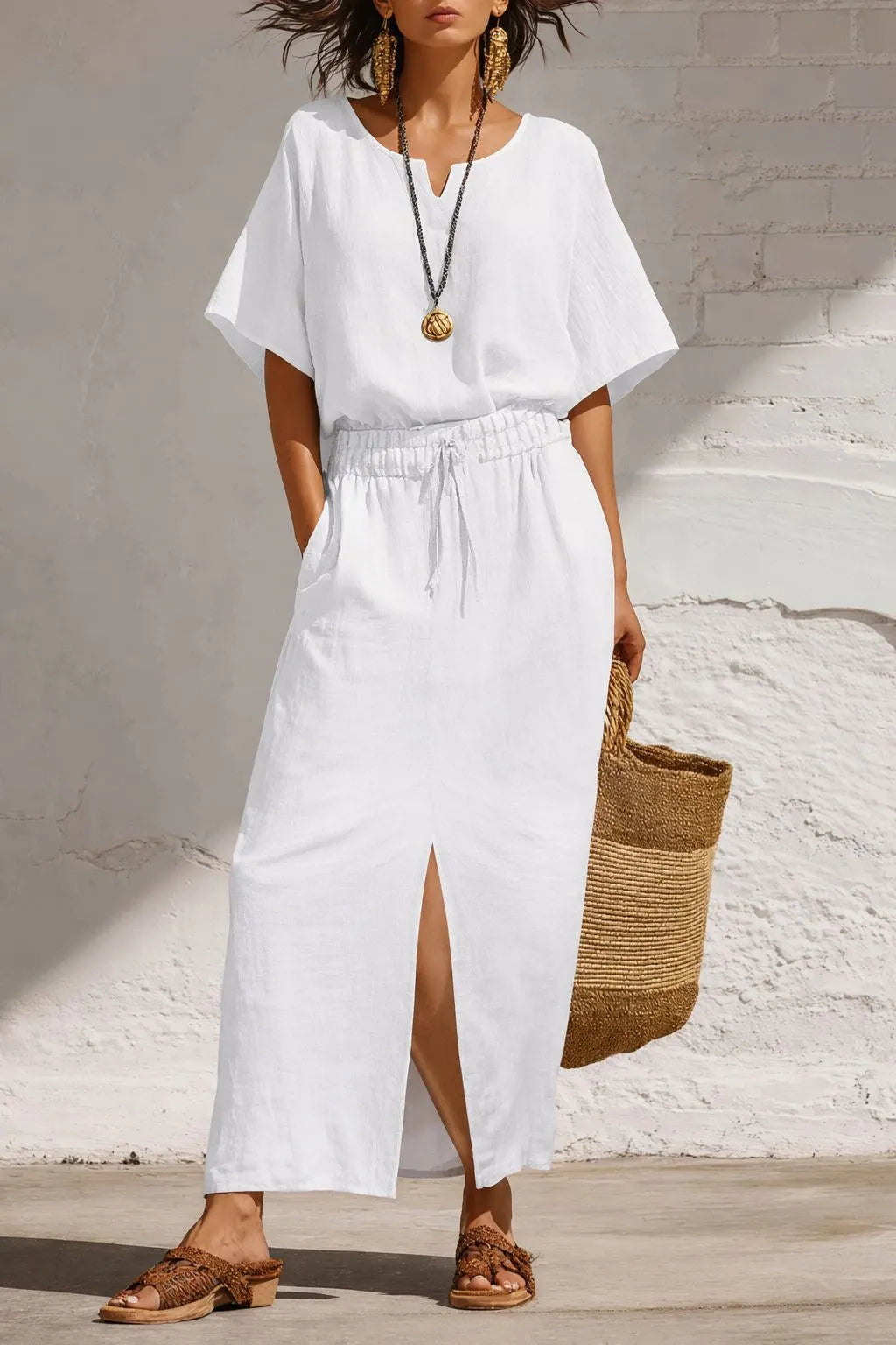 Round Neck Batwing Sleeve Top Drawstring Slit Maxi Skirt 2pcs Set-White