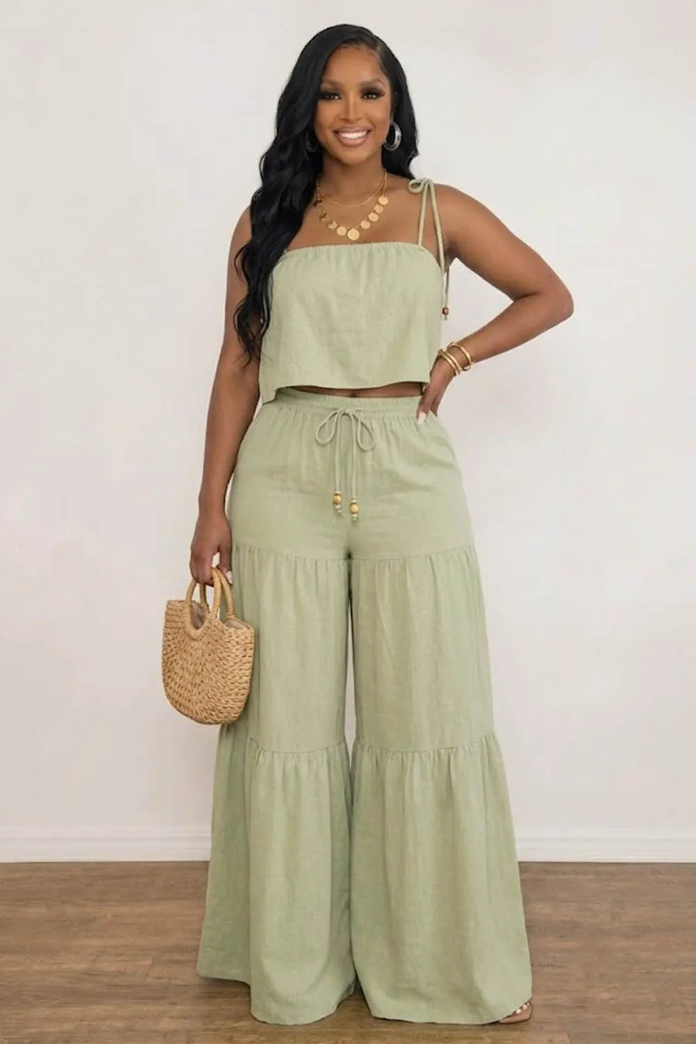 Tie-Up Strap Crop Top Drawstring Tiered Wide Leg Pants 2pcs Set-Yellow
