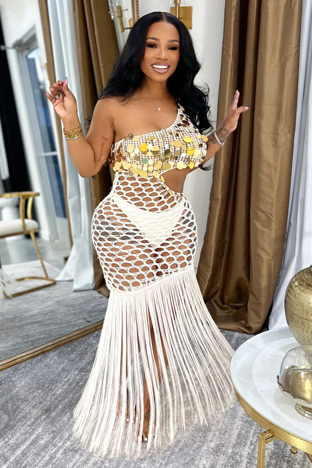 One Shoulder Cut Out Sequin Crochet Fringe Hem Maxi Dresses-White