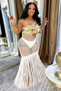 One Shoulder Cut Out Sequin Crochet Fringe Hem Maxi Dresses-White
