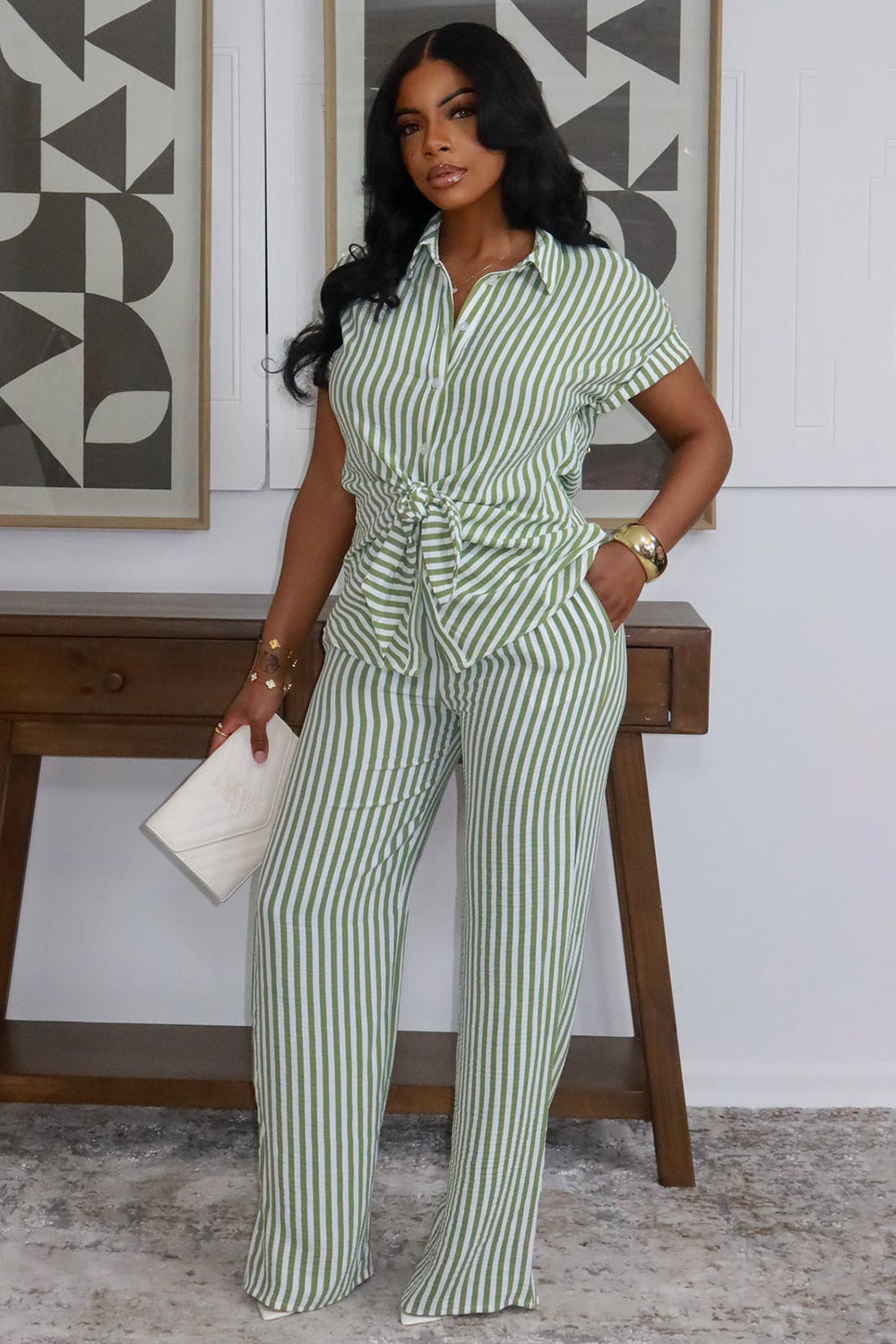 Striped Print Twisted Top Straight Leg Pants 2pcs Set-Green