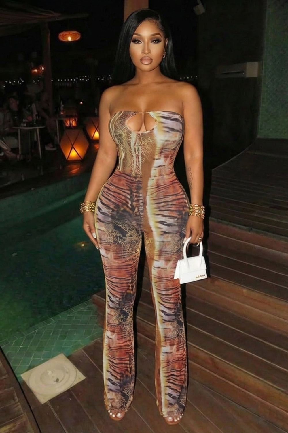 Strapless Cut Out Animal Print Bodycon Party Jumpsuit-Brown