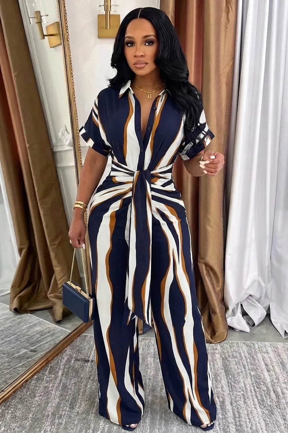 Collar Short Sleeve Wide Leg Casual Jumpsuit