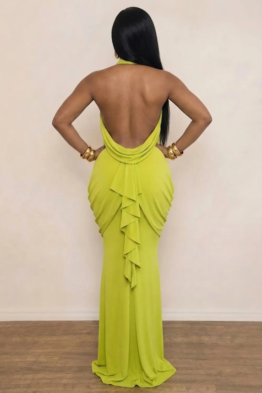 Halter Neck Butterfly Metal Decor Backless Ruffled Gowns Maxi Dresses-Green