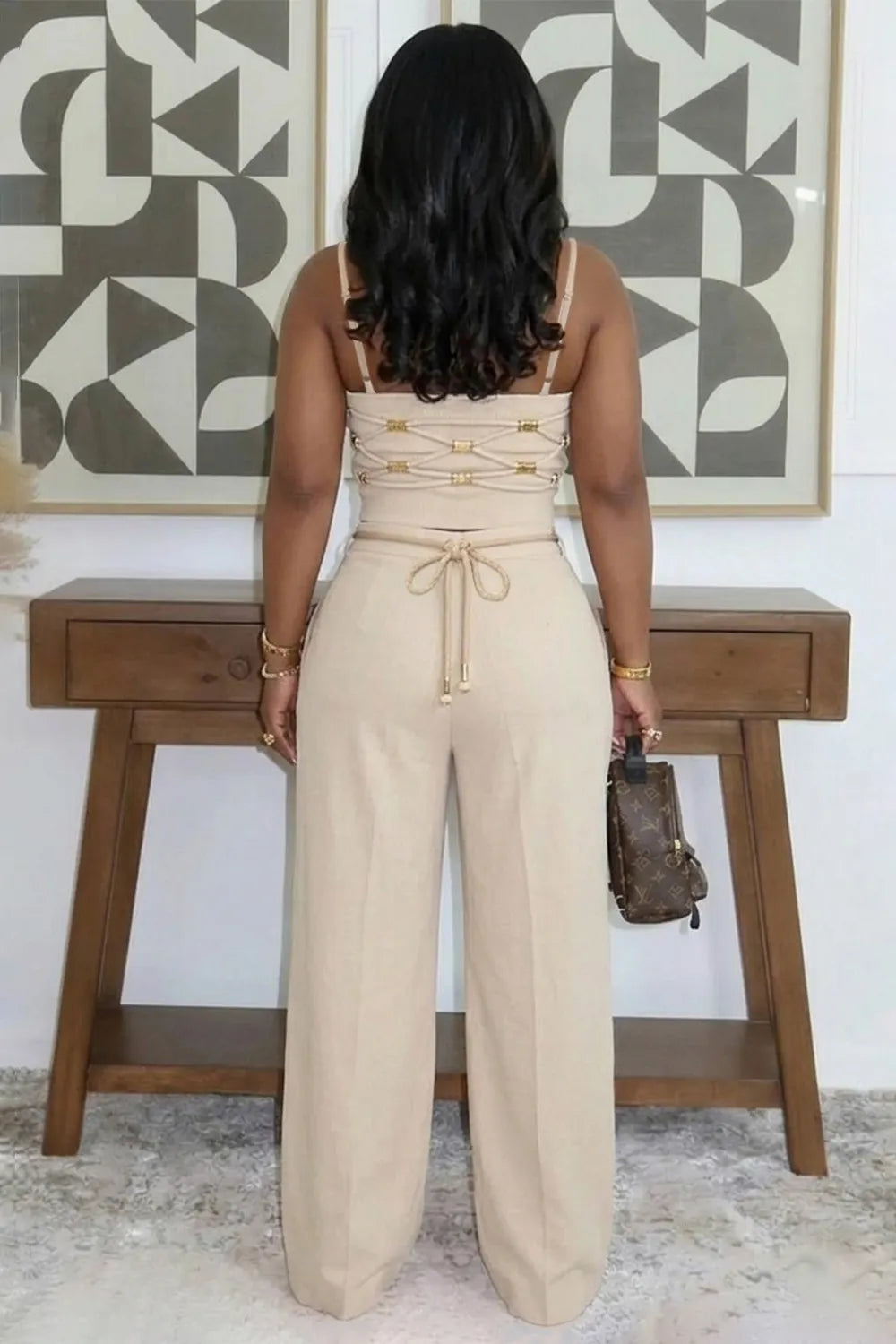 Spaghetti Strap Crop Top Wide Leg Pants Casual 2pcs Set-Beige