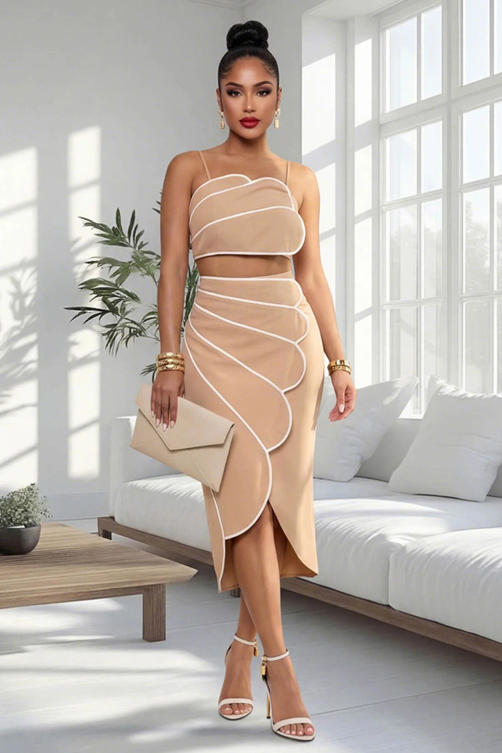 Contrast Piping Scallop Trim Cami Neck Top Midi Skirt Gowns 2pcs Set-Brown