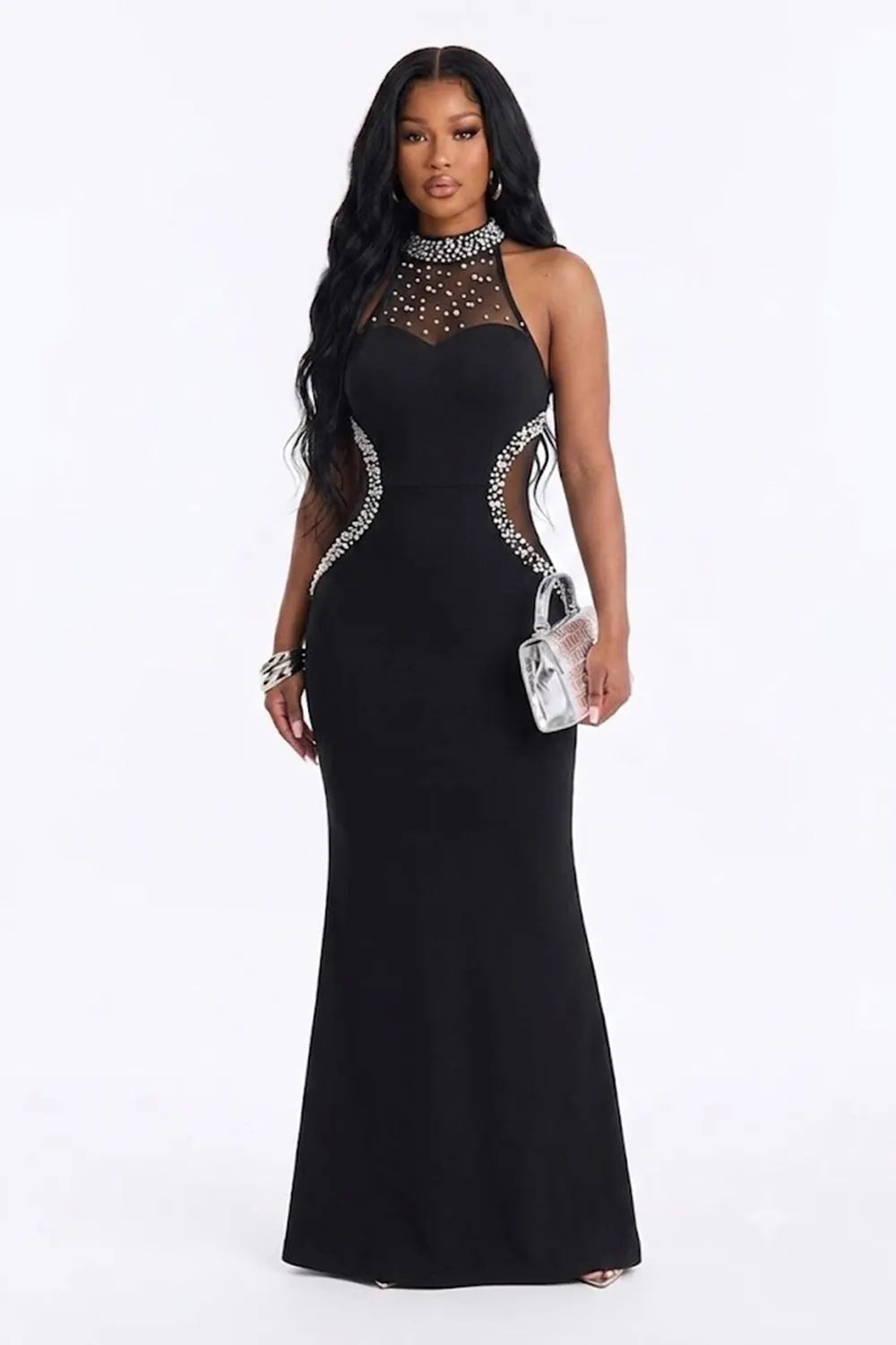Rhinestone Pearl Decor Mesh Patchwork Halter Mermaid Party Maxi Dresses-Black