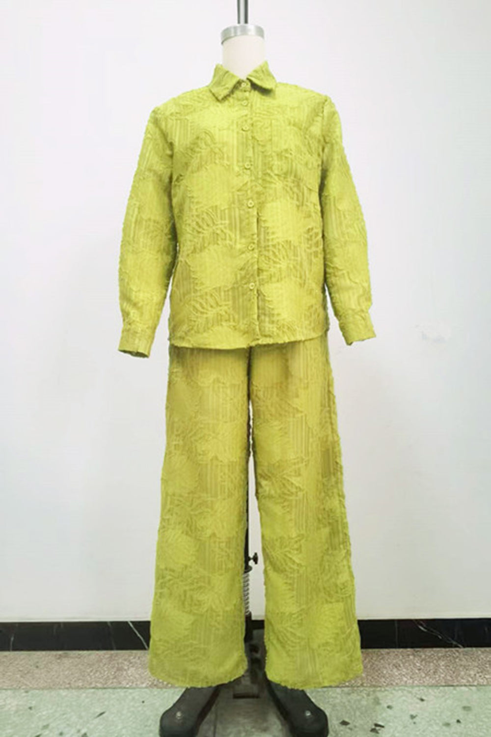 Leaf Pattern  Collar Shirt Wide Leg Pants Casual 2pcs Set-Yellow